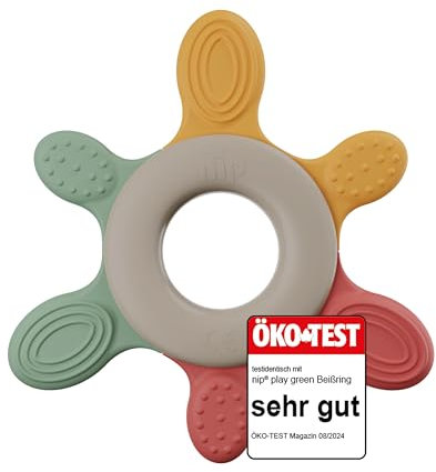 nip – Beißring | Nachhaltiger Beißring für Babys ab 3 Monaten aus über 65% natürlichen Rohstoffen. Zur sanften Massage von Zahnfleisch, Zunge und Zähnchen | Rot/Grün/Orange