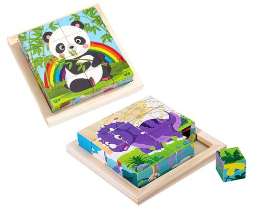 FIHODONE 2 Stück Puzzle Kinderspielzeug, Holzpuzzle 16 Würfelpuzzle Holzspielzeug Spiele, Spielzeug Lernspielzeug, Holzpuzzle Kinder Spielzeug Memory, Kinderpuzzle Spielsachen mit 6 Wildtier-Motiven