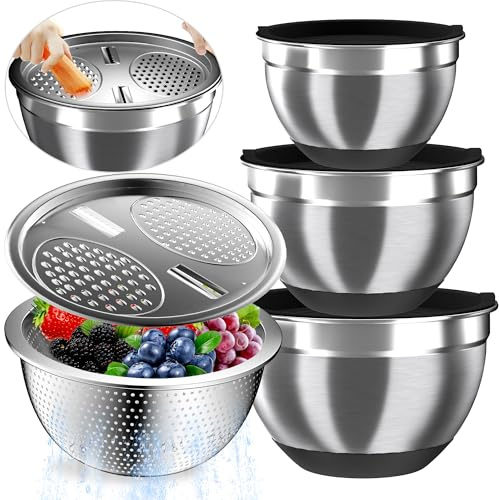Nicdiet Mixing Bowls with Airtight Lids, Stainless Steel Mixing Bowl Set with 3 Metal Nesting Bowls, Colander & Grater, Non-Slip Bottoms, Size 1.5, 2.5, 5 QT, Great for Mixing & Serving, Black