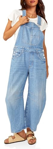 PLNOTME Women's Denim Bib Overalls Barrel Leg Adjustable Strap Jean Pants Jumpsuits with Pockets