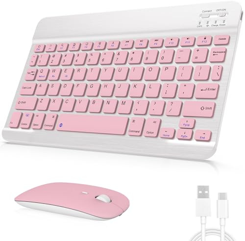 Uppladdningsbart Bluetooth-tangentbord och mus-kombination, universellt ultratunt trådlöst tangentbord mus set för Android Windows iPad iPhone Samsung surfplatta bärbart kompakt tangentbordsset (rosa)