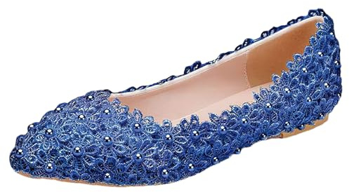 Jamron Femme Élégant Bout Pointu Fleur Dentelle Perle Chaussures de Mariée Escarpins Semelle Souple Ballerines