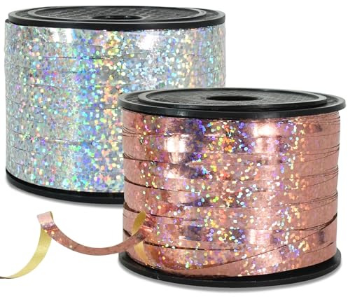 RIBBOOO 2 Rolls Geschenkband Laserband Rot&Silber - 5mm Luftballons Band Geschenkverpackung für Weihnachtsdeko Ballonverschlüsse Geschenkverpackung Hochzeitsdeko (200 Yard Balloon Ribbon）