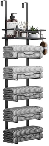 Aetyord Hanging Towel Racks for Bathroom No Drill - 6-Tier Over The Door Bath Towel Storage Organizer for Small Bathrooms - Tiered Back of Door Towel Holder Hanger for Rolled Towels RV Camper Black