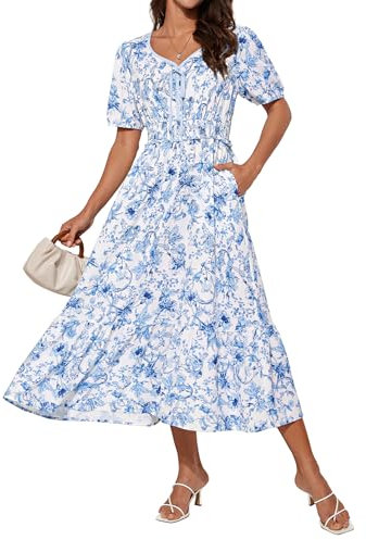 GRACE KARIN Women Short Sleeve V Neck Floral Dress Midi Dress Summer Dresses A Linie White Blue Flower M