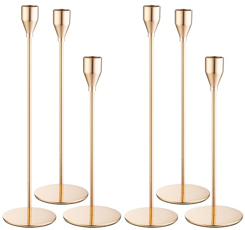 6 Teiliger Metall Kerzenständer, 33/28/23 cm DREI Höhe Kerzenhalter Stabkerze, Retro Elegante Stabkerzenhalter für Hochzeiten, Abendessen mit Kerzenlicht, Partys, Geburtstage, Home Decoration (Gold)