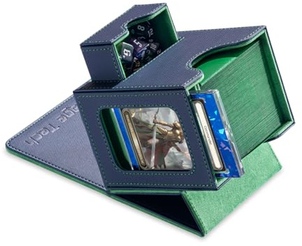 Mage Tech Boîte pour Decks Commander pour MTG - Affichage Commander, Convient pour 100 Cartes Double-Sleeve, Porte-Carte Magnétique de 35pt & Plateau à Dés (Bleu/Vert)