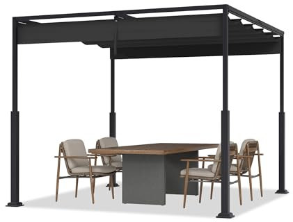 YRHome 3x3M Pergola mit Schiebedac Gartenpavillon aus Stahl & Polyester Wasserdicht & Winterfest Freistehendes Terrassendach mit robusten Metallsäulen Sonnenschutz für Terrasse & Garten Schwarz