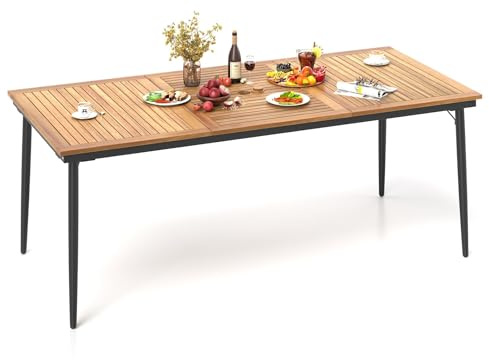 FANTASK Gartentisch mit Schirmloch, 200x90cm, Esstisch aus Akazienholz für 8 Personen, Rechteckiger Balkontisch Wetterfester für Terrasse, Garten, Natur + Schwarz