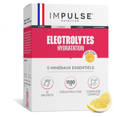 Impulse Nutrition - Électrolytes Poudre Citron - Sodium, Potassium, Magnésium, Calcium, Zinc - Hydratation, Énergie et Endurance - Anti-Crampes - Sans Édulcorants - Sport - 15 sachets