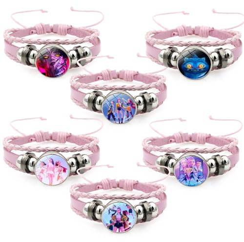 Whizmara Lot de 6 Bracelets Enfant Démons Hunters - Accessoire en Cuir Tressé Réglable avec Zoey, Rumi, Mira - Bijoux Fille Fan d'Anime - Idéal pour Anniversaire, Noël, Cosplay et Quotidien (A)