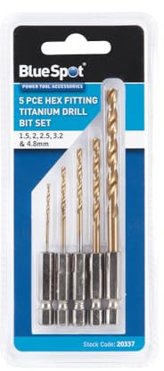 Blue Spot Tools 5PCE Titanium Coated Hex Fitting Drill Bit Set, 1/4 Hex, Sizes 1.5, 2, 2.5, 3.2, 4.8mm