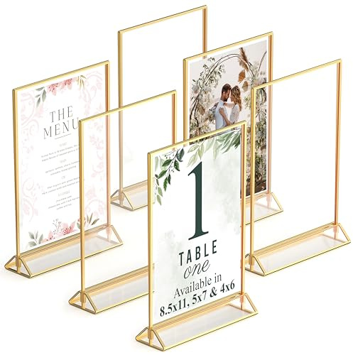 Gold Picture Frames Double-Sided, 6-Pack 5x7 Acrylic Table Number Holders, Clear Easel Stands for Signs, Gold Frames for Wedding Table Numbers, Menu Holders, and Photo Displays for Events and Décor