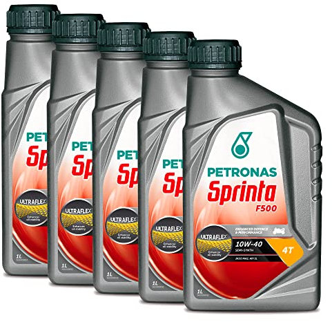 Petronas Kit 5X Sprinta Olio Motore Moto Scooter 4 Tempi F500 10W-40 1L - Semi Sintetico - 5 Cofezioni da 1 Litro