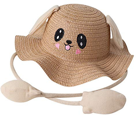 haozaikeji Kids Straw Sun Hat Girls Breathable Wide Brim Summer Bucket Hat with Jumping Rabbit Ear Sun Protection Beach Hat for Travel & Outdoor Activities
