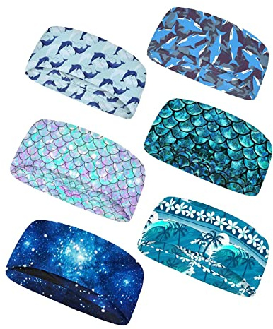 Forchrinse Hawaiian Dolphin Mermaid Beach Print 6Pieces Women Sport Headband,Girls Non Slip Workout Sweatband Non Slip Yoga Hair Band