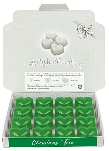 Pine Wax Melts: 16 x 6g - 100 Hours Burn Time PCS Christmas Tree Heart Shaped Scented Wax Melts in a Presentation Gift Box