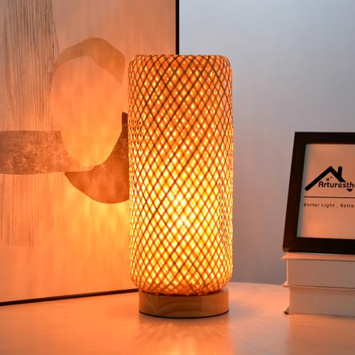 Arturesthome Bamboo Table Lamps with Shade, Rustic Farmhouse Boho Coastal Desk Lamp Night Light for Decorative Bedroom, Study Room, Cafe, Bookcase
