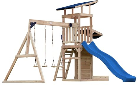 AXI Malik Casetta in Legno Bimbi, 2 altalene, Scivolo Blu | Parco Giochi all'Aperto con Sabbiera e Muro di Gioco | Scivolo con Collegamento all'Acqua | Casetta in Legno da Esterno su Palafitte