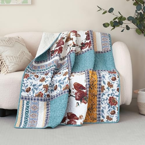 Tache Cotton Patchwork French Country Quilted Throw - 50x60 inch Blanket Old World Vintage Botanical Floral Blue Yellow Hummingbirds Rose Garden Lightweight Quilt