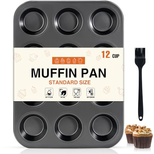 OAMCEG12 Cup Nonstick Muffin Tray Set of 1 - Carbon Steel Baking Tin with Silicone Brush - Non Stick Oven Tray for Cupcake Moulds, Pudding, Yorkshire, Mini Cake, Family Baking, Kids, Gifting
