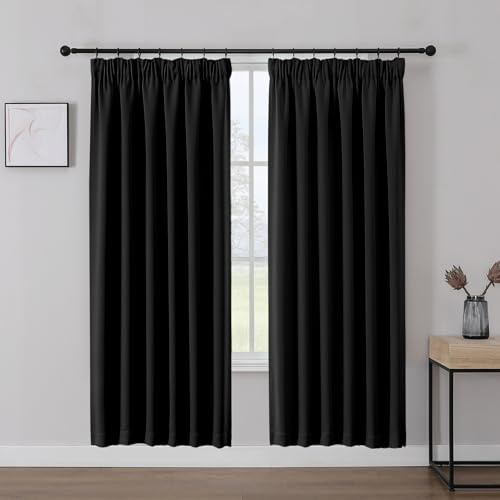 Joydeco Tende Oscuranti per Interni con Fettuccia 2 Pezzi L 140 x A 200 CM, Tende Termica Isolante Freddo e Caldo per Finestra Binario Camera da Letto e Soggiorno, Nero