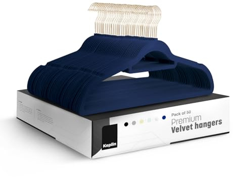 KEPLIN Adult Size Velvet Hangers, Non-Slip & Tie Bar - Navy Blue, 50 Pack | 360° swivel hook, holds up to 4.5kg, space-saving, non-slip velvet, ideal for suits, jackets & coats