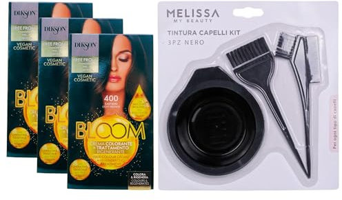 KIT PER TINTA: 3x Crema Colorante Per Capelli Con Trattamento Rigenerante BLOOM 400 CASTANO, Con Mix Di Oli Biologici e Cheratina Vegetale, Senza Ammoniaca + Set Tinta Capelli Da 3pz