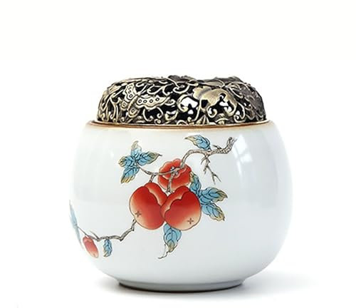 WYBZDA Chinois Céramique Pot à Ail Alliage Ajouré Couvercle 2.83in Pot à Oignons Respirant Sec Ail Pot Peint à la Main Décoration pour Amateurs de Cuisine