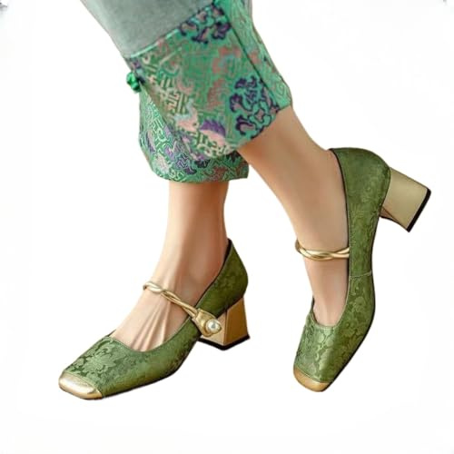 Zapatos de noche Mary Jane de primavera y verano con tacón medio grueso y tacón bajo con punta cuadrada zapatos de vestir clásicos para mujer (Verde,37)