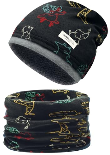 Enwokran Enfants Garçons Filles Bonnet écharpe Tube Set Différents Motifs Matériau Doux Stretch Entretien Facil pour 3-8 Ans (Animal-Gris)