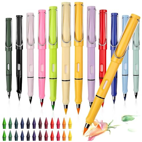 poraceous 12 Piezas Colores Lápiz Infinito, Lapices Colores Infinito Con Borrador, con 24 Puntas De Repuesto Lápiz Sin Tinta, para Puntas Intercambiables, para Niños adulto Escuela Oficina Dibujo