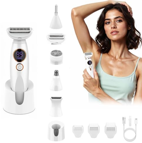 Women’s Electric Shaver 5-in-1, Rechargeable Wet & Dry Lady Shaver for Body, Legs, Underarms & Bikini, Facial Hair Remover, Nose & Eyebrow Trimmer, IPX7 Waterproof Cordless Hair Removal Set