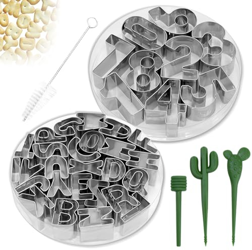 35 Piezas Cortadores para Galletas de Abecedario y Números, Letras de Acero Inoxidable con Tenedor Frutal y Palillo Desmolde, Moldes Para Galletas de Alfanumérico para Fondant, Masa, Frutas y Decoraci