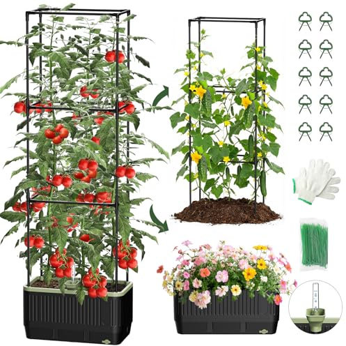 MQJIAZHI Macetero autorriego para tomates con enrejado, enrejado rectangular tomates para arriates elevados, caja macetero macetas de jardín, patio, interior y exterior (1 unidad)