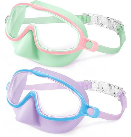 Sarvvte 2 Pack Kids Swimming Goggles with Nose Cover, Anti-Fog HD PC Lens Swim Mask for Boys Girls, Large Frame Waterproof Diving Mask for Pool Beach Snorkelling, Includes Earplugs, Pink & Blue