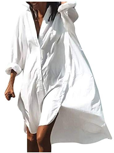 Générique Robe de Chemise de Bouton Plage pour Femmes Bohème Manches Longues Oriental Tunique d'été Gaze Coton,S-2XL