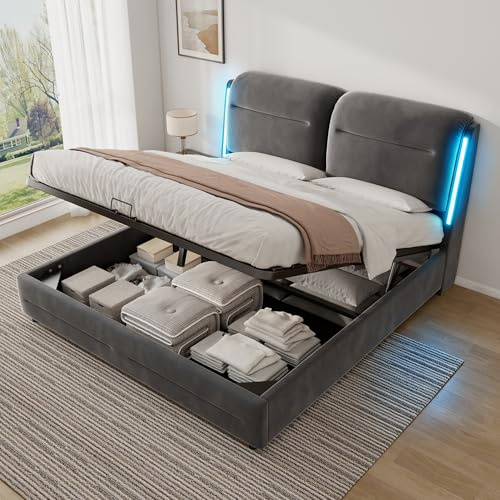 ZUUYEE Camas Matrimoniales 140x200 con Almacenamiento, Cama con LED, Canape con Cabecero, Cama Matrimonio, Somier 140x200 Hidráulico, Camas Matrimoniales de Terciopelo Gris, Colchón No Incluido