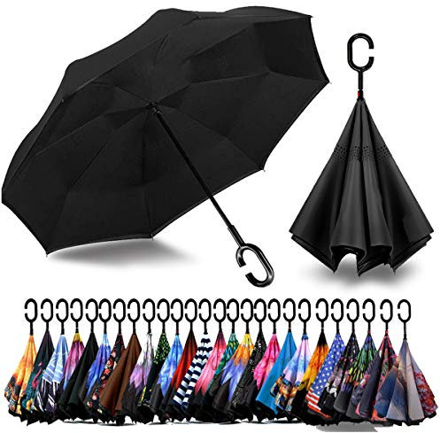 SIEPASA 124/142 cm umgekehrter umgekehrter Regenschirm, extra groß, doppeltes Baldachin, belüftet, winddicht, wasserdicht, Golfschirme mit C-förmigem Griff, Schwarz, 124 cm