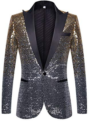 PYJTRL Men Fashion Gradual Change Color Sequins Suit Jacket (Gold Silver,M)