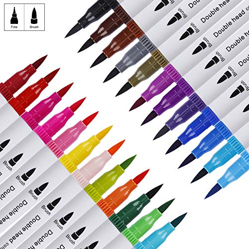 MaoXinTek Rotuladores Pincel, Plumas de Doble Punta Fina para Dibujar y Colorear, Brush Pen 24 Colores con Efectos Acuarela para Pintura de Caligrafía, Lettering, Manga, Comic
