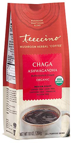 Teeccino Chaga Ashwagandha Coffee Alternative - Caramel Cream - Organic Adaptogenic Herbal Mushroom Coffee, Medium Roast, No