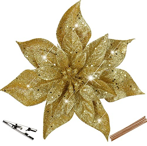 Oairse Lot de 8 Fleurs Scintillantes de 9 Pouces (23 cm) pour Noël, Étoiles avec Clips pour Décoration de Sapin, Fleurs Artificielles pour Les Vacances, Centre de Table à Manger