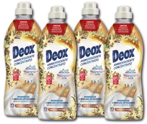 Deox - Ammorbidente Lavatrice Concentrato, 180 Lavaggi, Vaniglia e Argan, Capi Morbidi e Profumati, con Tecnologia Fresh Protection, 900ml x 4 Confezioni