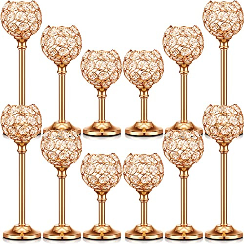 Mimorou 12 Pack Crystal Candle Holders Gold or Silver Candle Holders Bulk Tealight Candlestick Crystal Candelabras for Wedding Party Valentine Christmas Dining Table Centerpieces Decoration (Gold)
