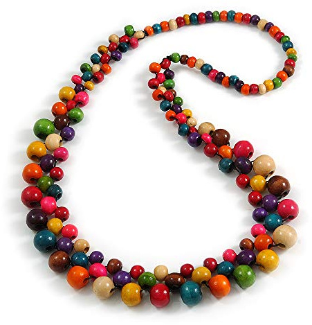 Avalaya Long Multicoloured Cluster Wood Beaded Necklace - 82cm Long