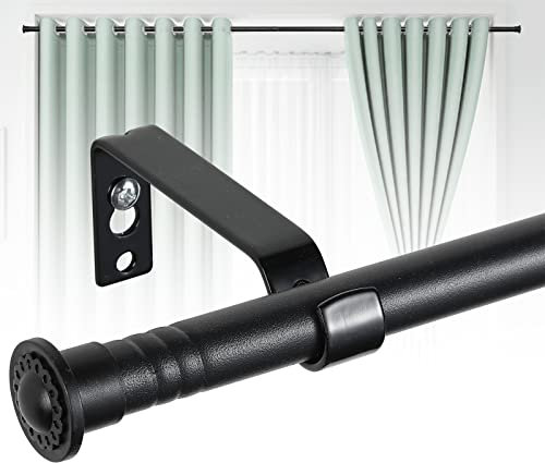 Harrms 16mm Curtain Poles for Eyelet Curtains, Matt Black Voile Curtain Pole 76-224cm, Curtain Rod Metal with Adjustable Brackets and Cap Finials for Bedroom, Living Room