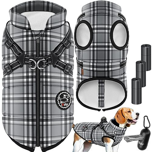 LOVPET® Hundejacke Hundemantel mit Geschirr, inkl. 45 Stück Kotbeutel + Spender, Hunde Winterweste gefüttert wasserdicht, Gepolsterte Weste Mit Brustgurt, Reflektoren, D-Ring 4XL, Grau
