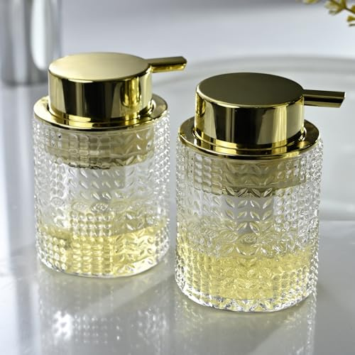 CICUFY Dispenser di sapone in schiuma, in vetro, dispenser di sapone in schiuma per le mani, per cucina e bagno, confezione da 2 (vetro trasparente tipo B, pompa dorata)