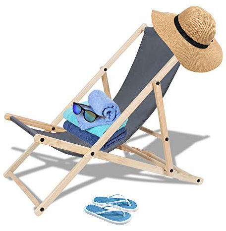 Ikodm Liegestuhl klappbar 120kg max,Gartenliege Klappbar Holz,Liegestuhl Garten wetterfest Verstellbar Sonnenliege Holz Relaxliege Garten für Camping Balkon Pool,Grau